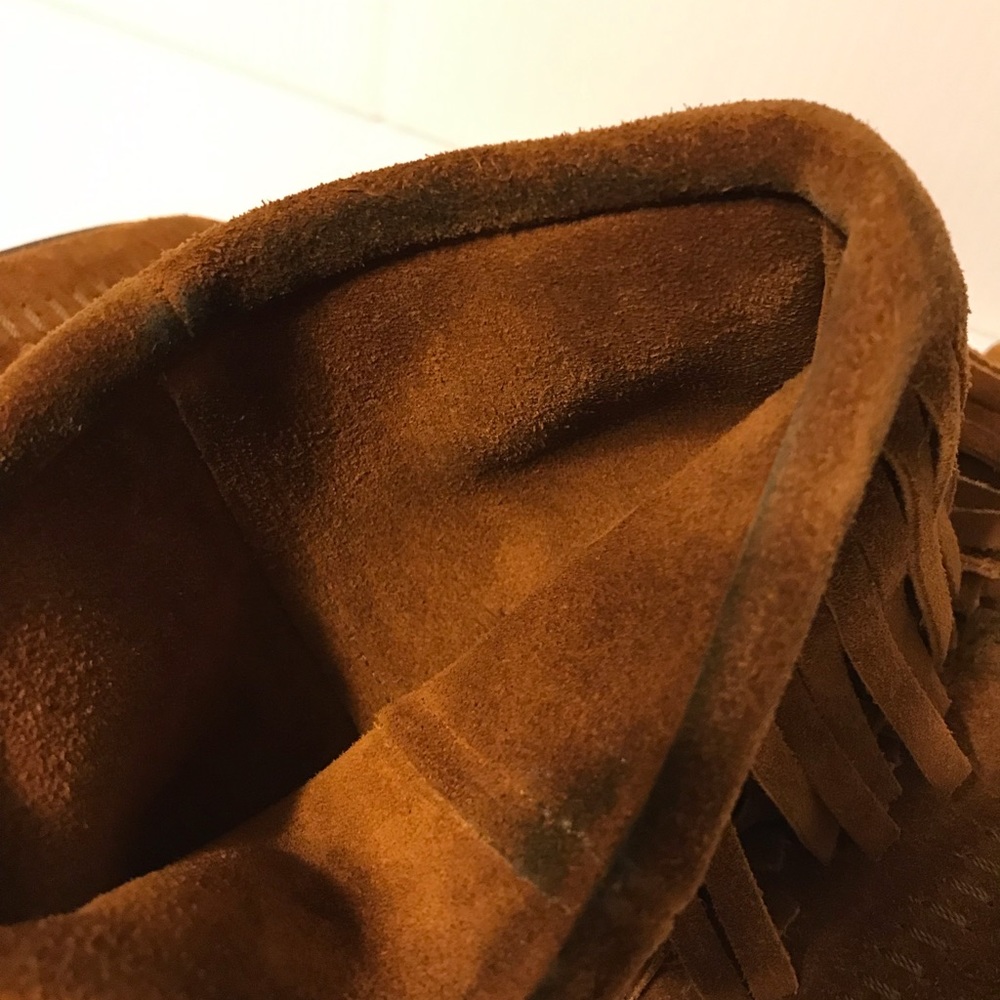 Moccasin brown suede layer tiered fringe boots women fits size 9 - Picture 5 of 11